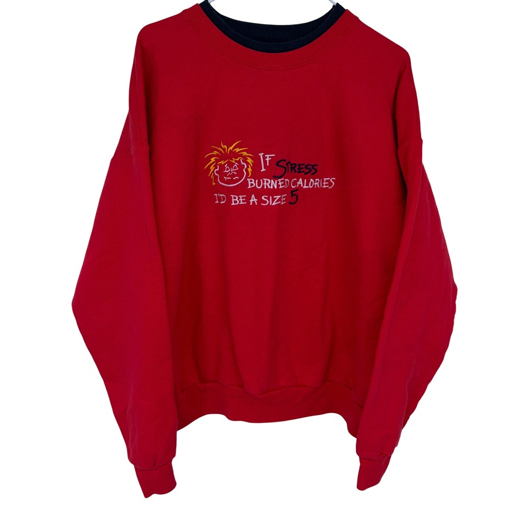 Red Vintage Double Neck Embroidered Sweatshirt XL If Stress Burned Calories‎